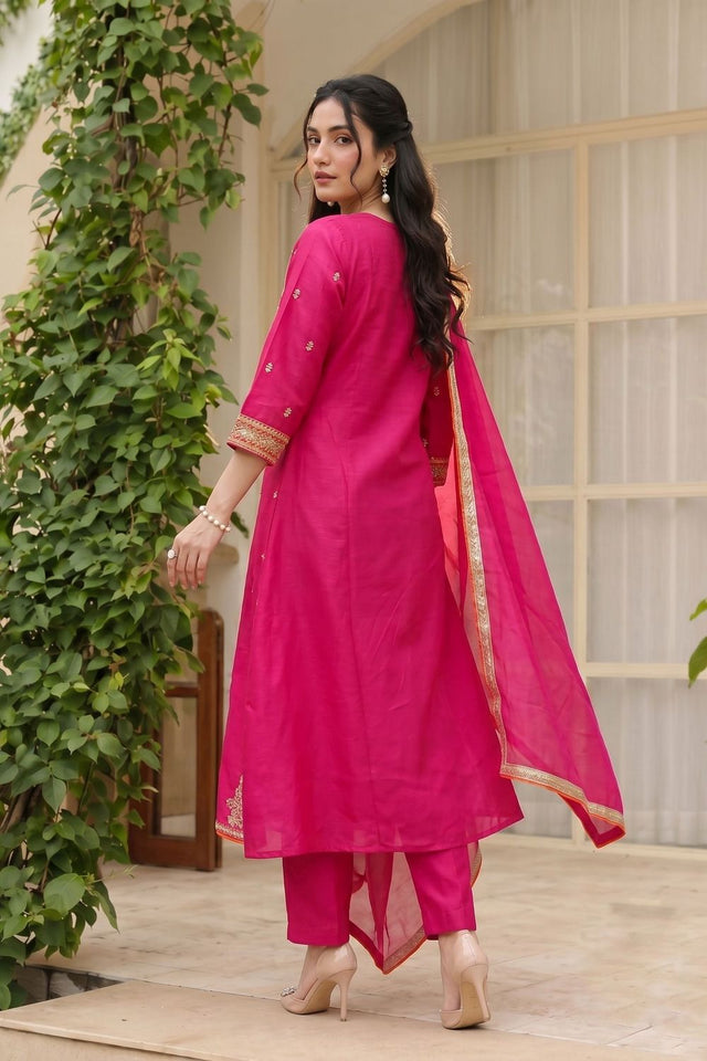 Pink Floral Embroidered Silk Palazzo Suit (ACB1362)