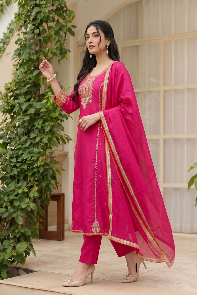 Pink Floral Embroidered Silk Palazzo Suit (ACB1362)