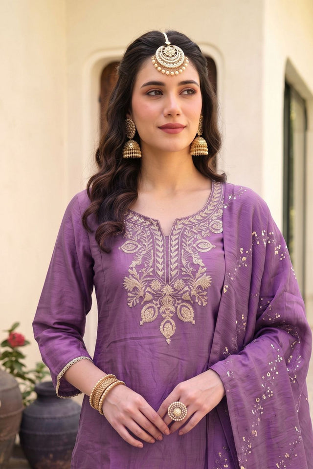 Pink Floral Embroidered Silk Palazzo Suit (ACB1363)