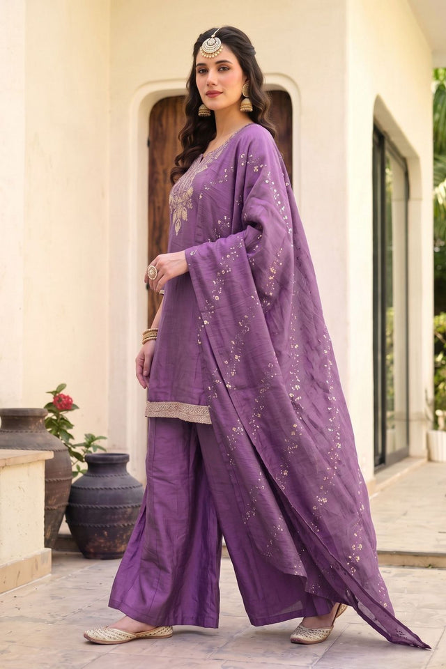Pink Floral Embroidered Silk Palazzo Suit (ACB1363)