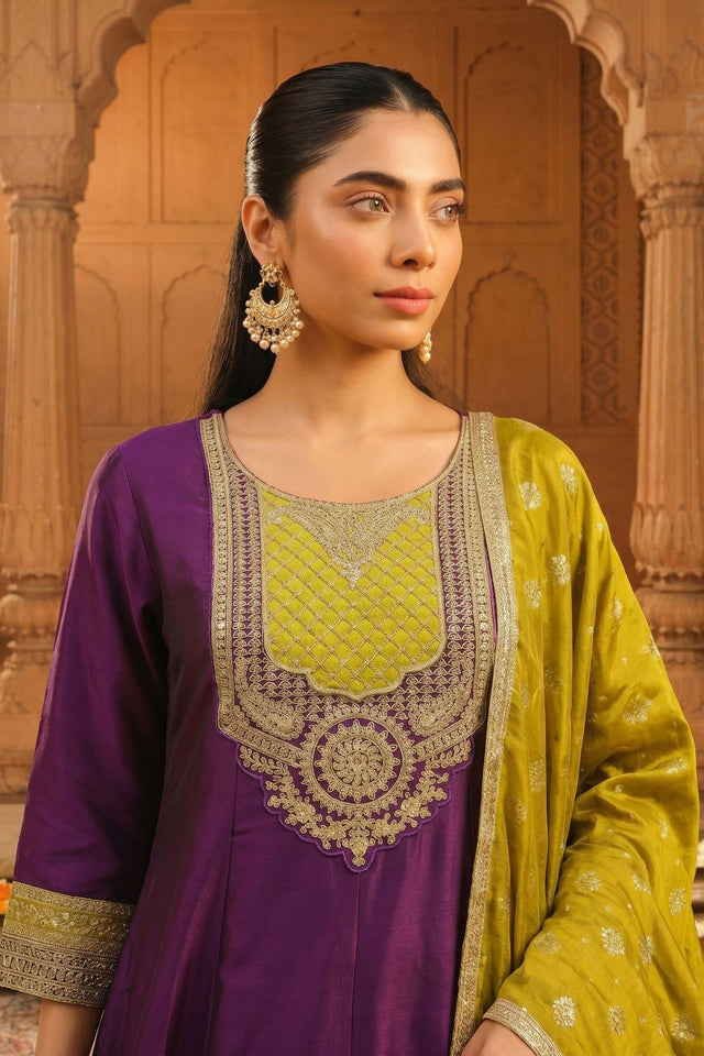 Wine Floral Embroidered Silk Anarkali Suit (ACB1365)