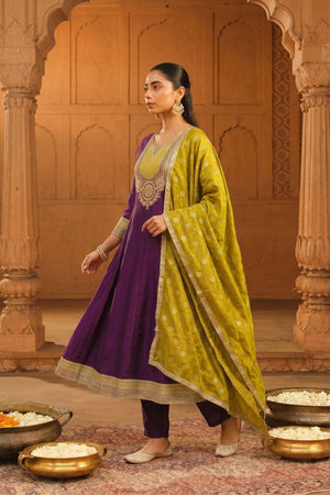 Wine Floral Embroidered Silk Anarkali Suit (ACB1365)