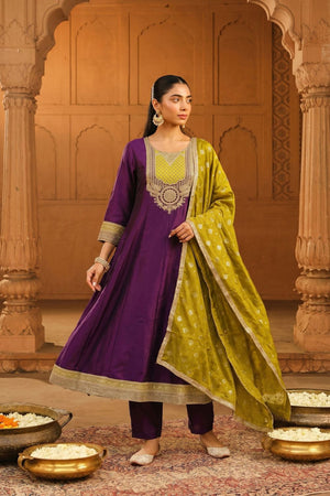 Wine Floral Embroidered Silk Anarkali Suit (ACB1365)