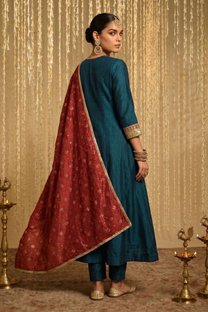 Turquoise Floral Embroidered Silk Anarkali Suit (ACB1366)