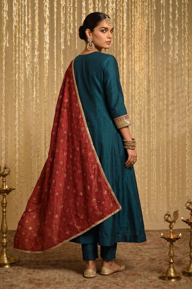 Turquoise Floral Embroidered Silk Anarkali Suit (ACB1366)