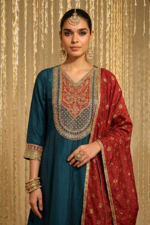 Turquoise Floral Embroidered Silk Anarkali Suit (ACB1366)