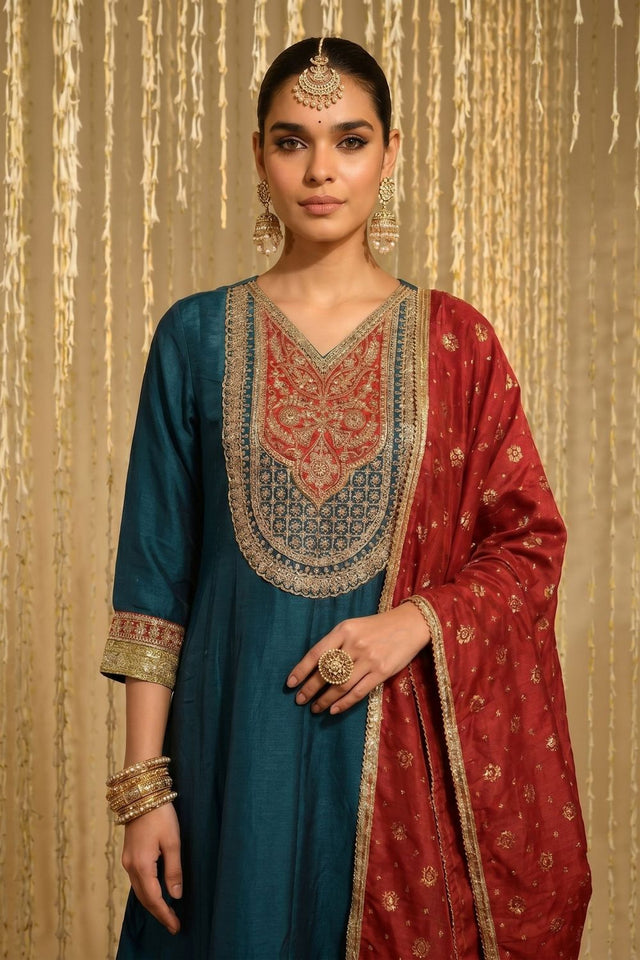 Turquoise Floral Embroidered Silk Anarkali Suit (ACB1366)