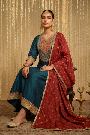 Turquoise Floral Embroidered Silk Anarkali Suit (ACB1366)