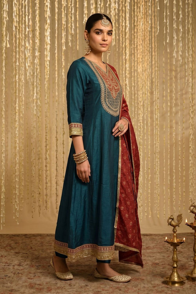 Turquoise Floral Embroidered Silk Anarkali Suit (ACB1366)