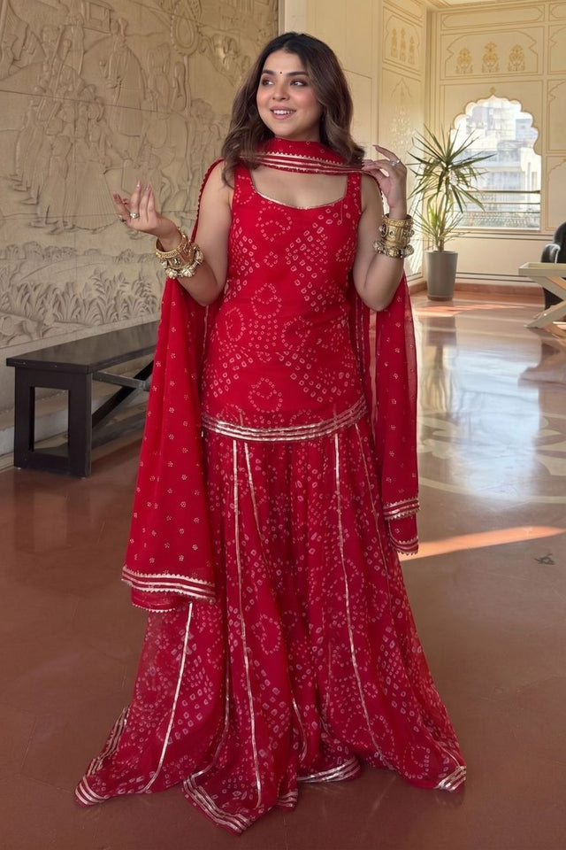 Red Bandhani Printed Georgette Sharara Suit (ACB1368)