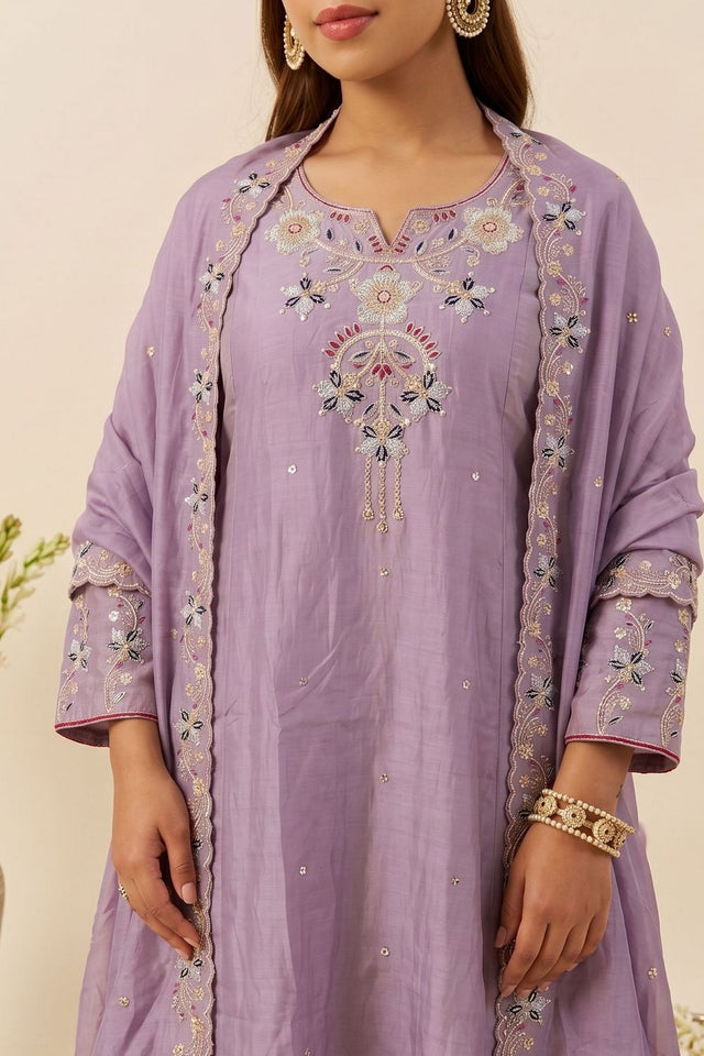 Lavender Floral Embroidered Silk Palazzo Suit (ACB1369)