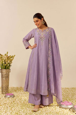 Lavender Floral Embroidered Silk Palazzo Suit (ACB1369)