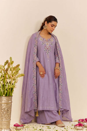 Lavender Floral Embroidered Silk Palazzo Suit (ACB1369)