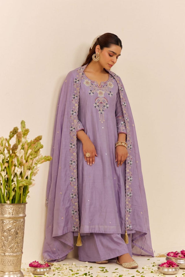 Lavender Floral Embroidered Silk Palazzo Suit (ACB1369)