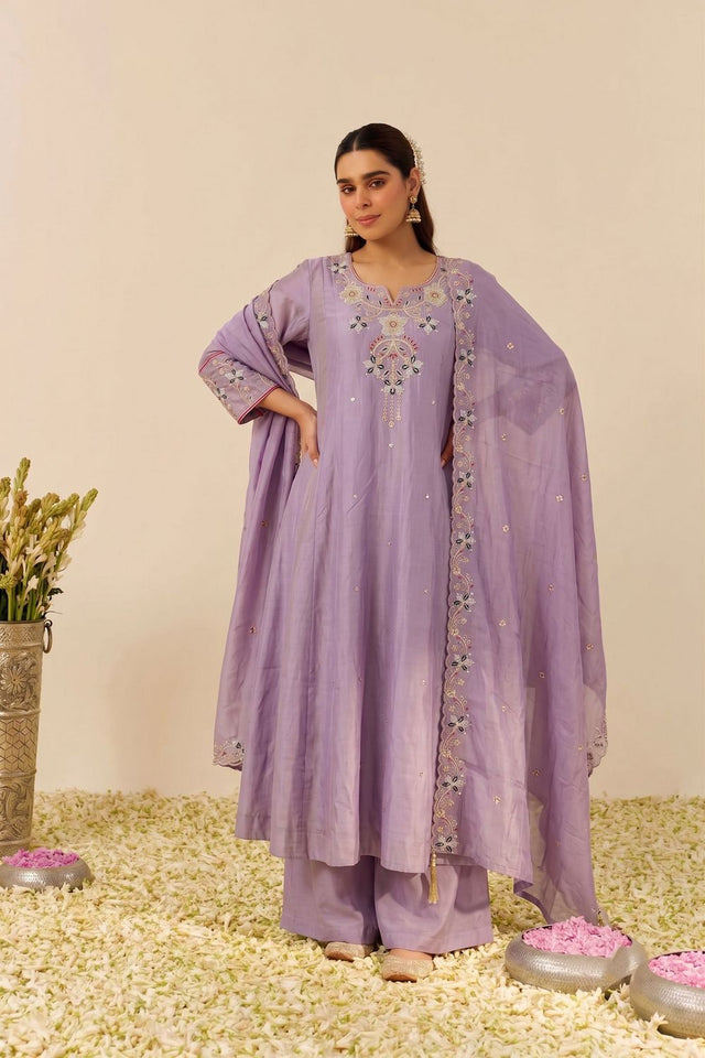 Lavender Floral Embroidered Silk Palazzo Suit (ACB1369)