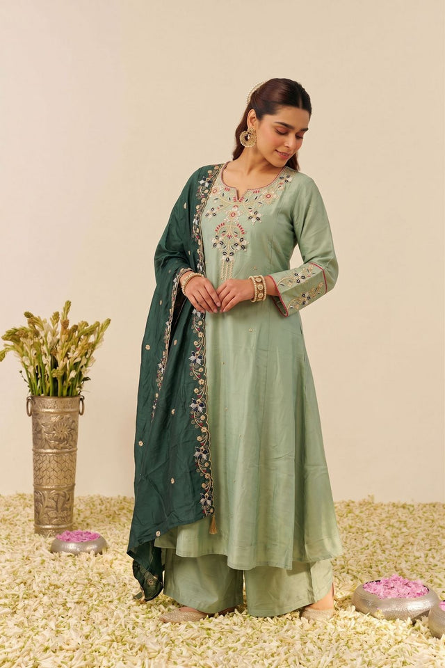 Green Floral Embroidered Silk Palazzo Suit (ACB1370)