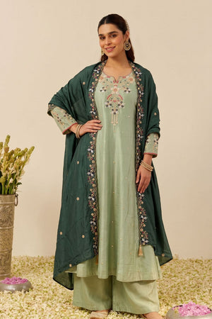 Green Floral Embroidered Silk Palazzo Suit (ACB1370)