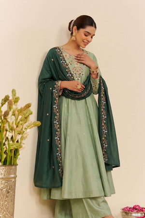 Green Floral Embroidered Silk Palazzo Suit (ACB1370)