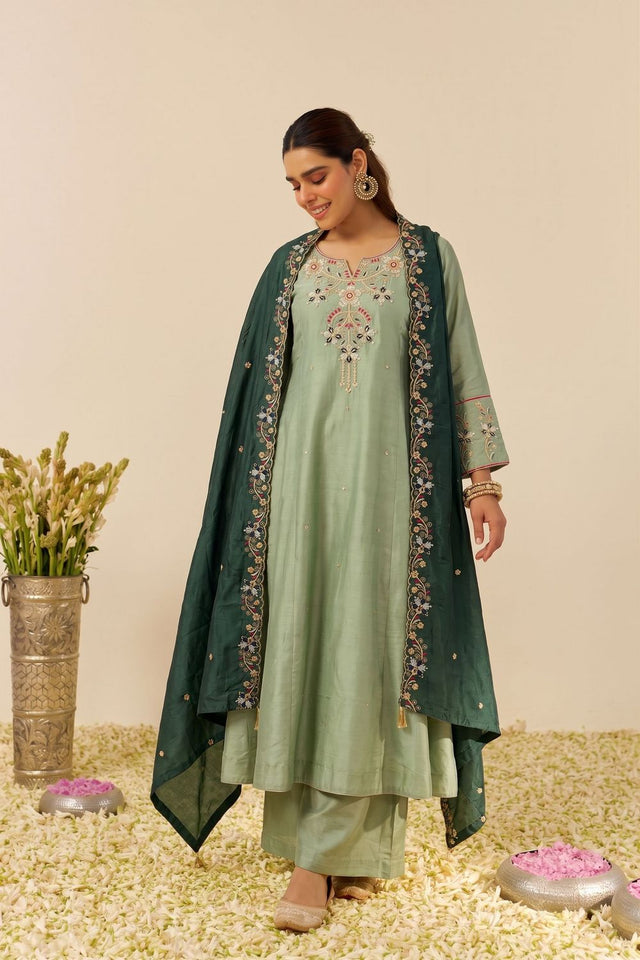 Green Floral Embroidered Silk Palazzo Suit (ACB1370)