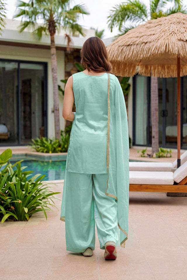 Sea Green Floral Embroidered Crepe Palazzo Suit (ACB1371)