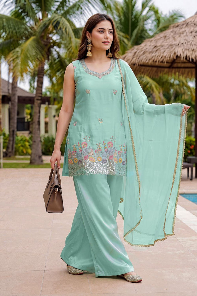Sea Green Floral Embroidered Crepe Palazzo Suit (ACB1371)