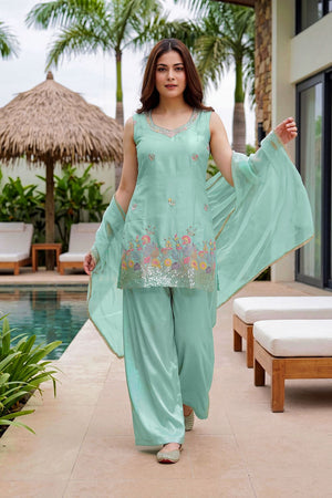 Sea Green Floral Embroidered Crepe Palazzo Suit (ACB1371)
