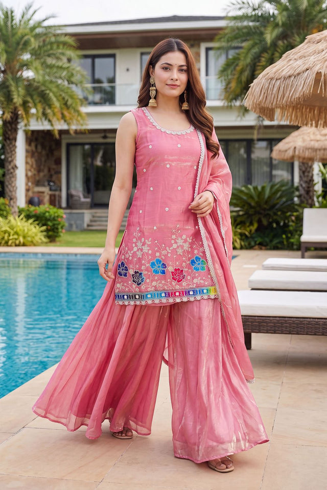 Peach Floral Embroidered Silk Palazzo Suit (ACB1372)