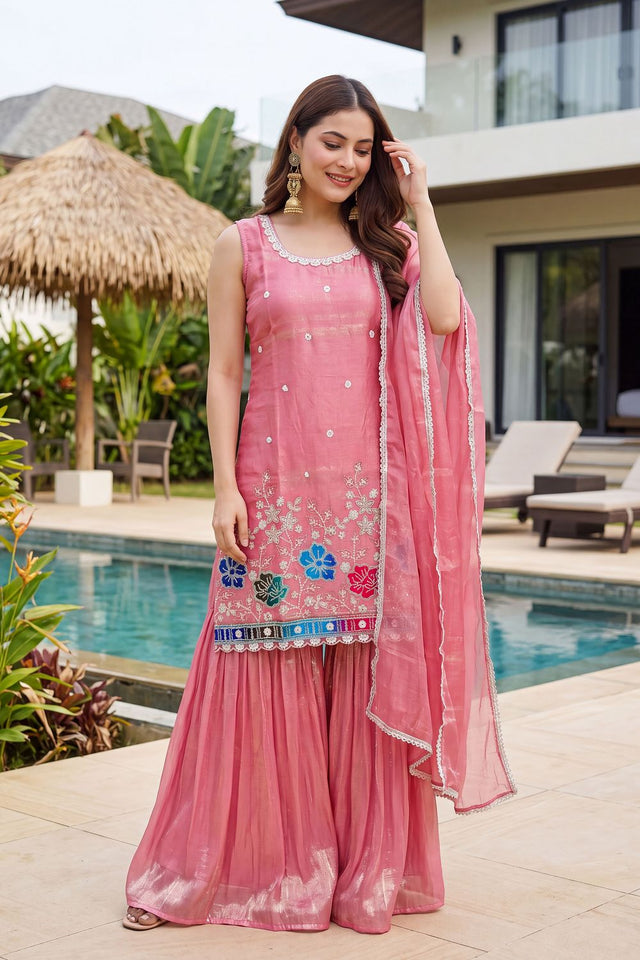 Peach Floral Embroidered Silk Palazzo Suit (ACB1372)