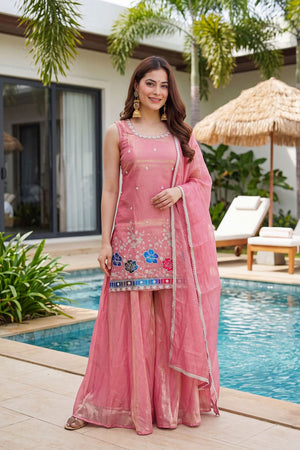 Peach Floral Embroidered Silk Palazzo Suit (ACB1372)