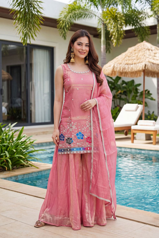 Peach Floral Embroidered Silk Palazzo Suit (ACB1372)