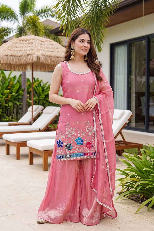 Peach Floral Embroidered Silk Palazzo Suit (ACB1372)