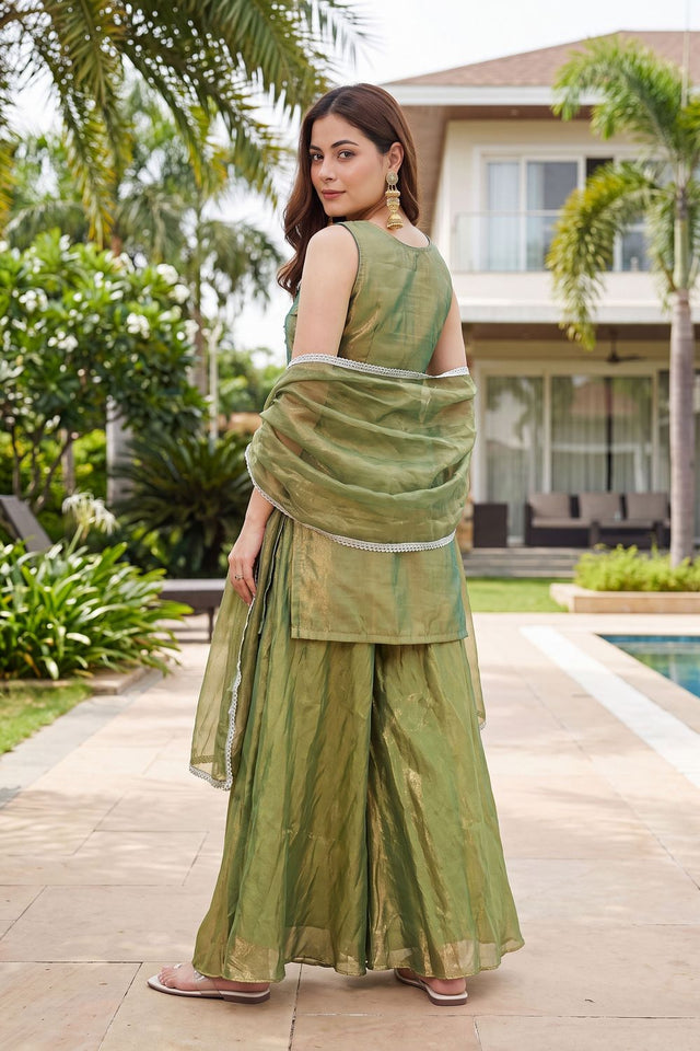 Green Floral Embroidered Silk Palazzo Suit (ACB1373)