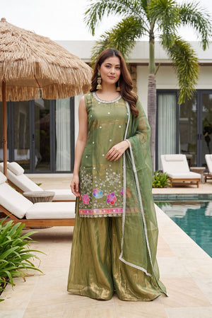Green Floral Embroidered Silk Palazzo Suit (ACB1373)