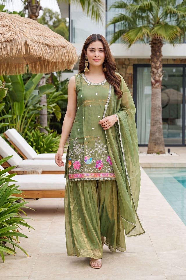 Green Floral Embroidered Silk Palazzo Suit (ACB1373)