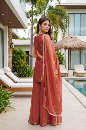 Rust Floral Embroidered Silk Palazzo Suit (ACB1374)