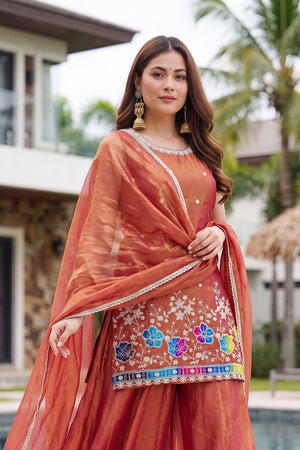 Rust Floral Embroidered Silk Palazzo Suit (ACB1374)