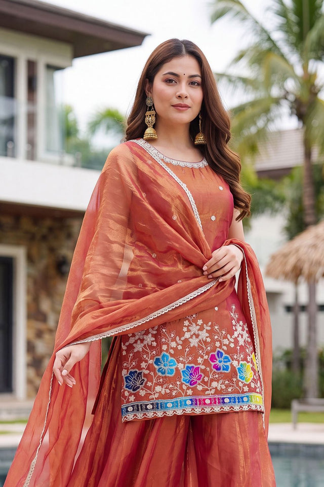 Rust Floral Embroidered Silk Palazzo Suit (ACB1374)