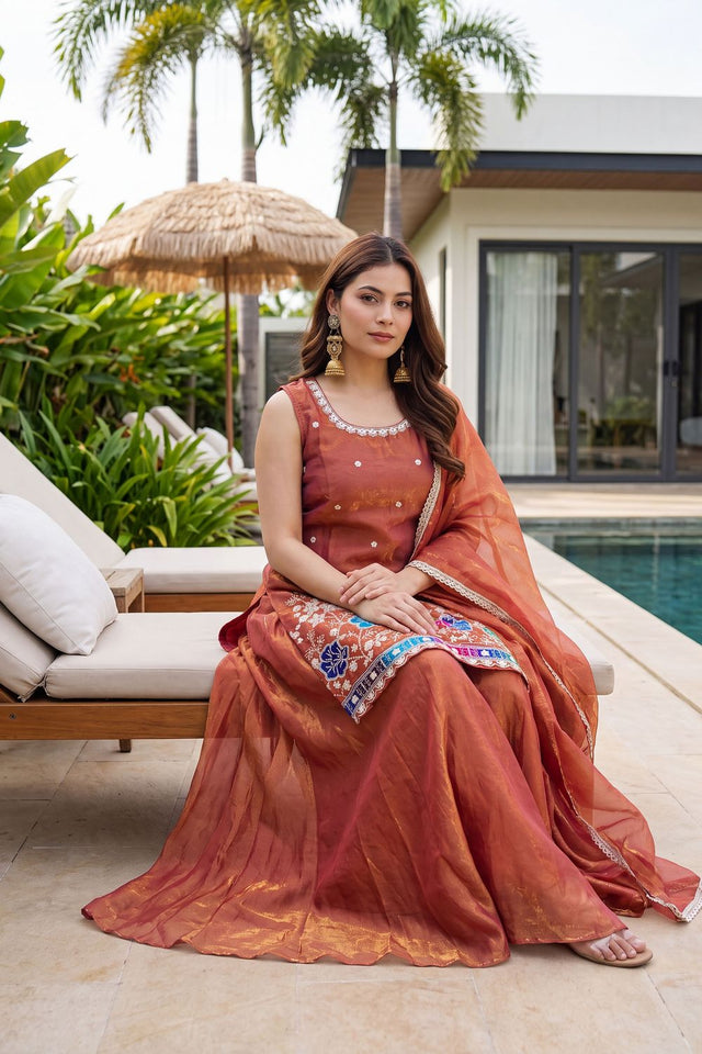 Rust Floral Embroidered Silk Palazzo Suit (ACB1374)