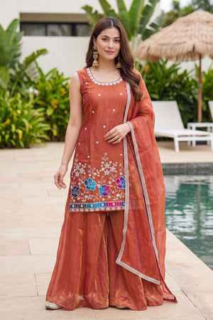 Rust Floral Embroidered Silk Palazzo Suit (ACB1374)
