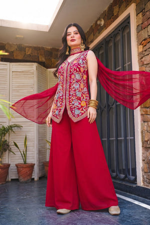 Pink Floral Embroidered Georgette Kurti Palazzo Set (ACB1375)