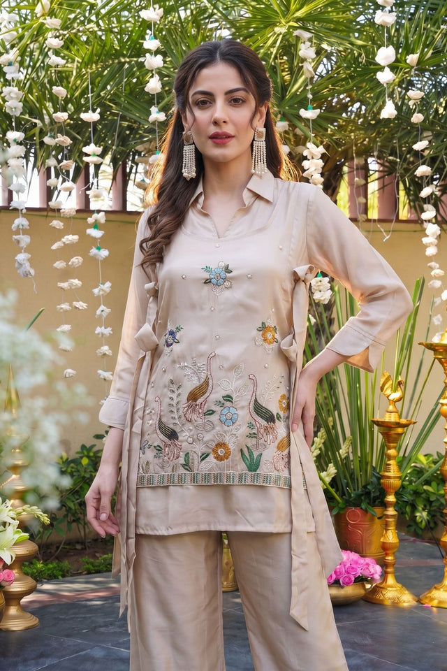 Cream Floral Embroidered Viscose Co-Ord Set (ACB1376)