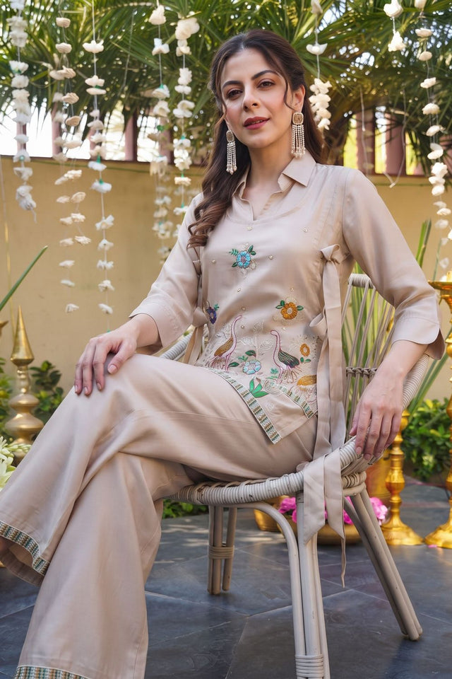 Cream Floral Embroidered Viscose Co-Ord Set (ACB1376)