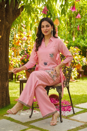 Peach Floral Embroidered Silk Co-Ord Set (ACB1377)