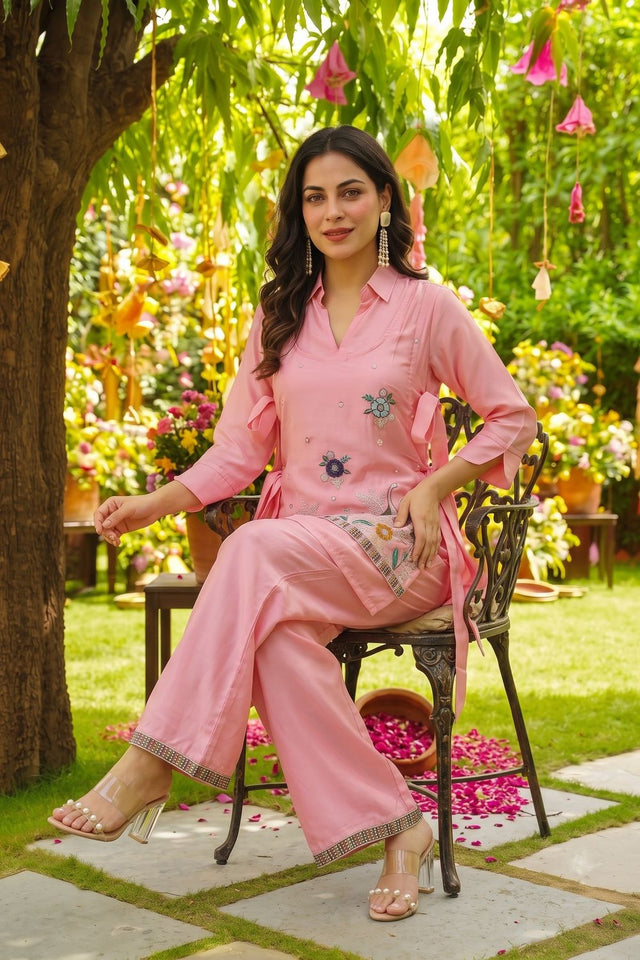 Peach Floral Embroidered Silk Co-Ord Set (ACB1377)