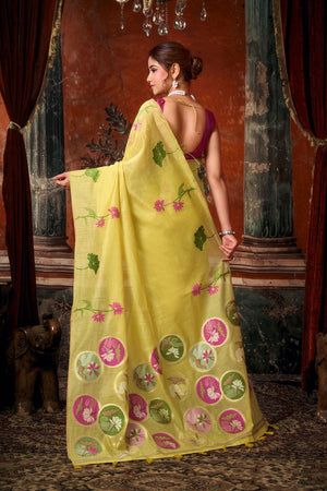 Yellow Floral Woven Cotton Saree (ACB1378)