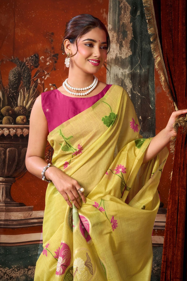 Yellow Floral Woven Cotton Saree (ACB1378)