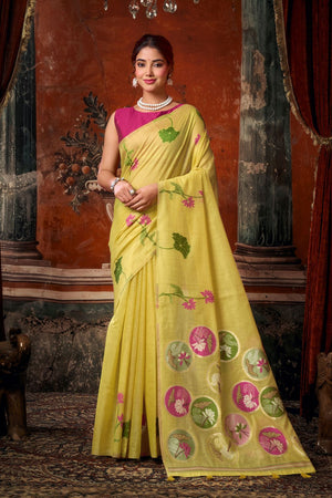 Yellow Floral Woven Cotton Saree (ACB1378)