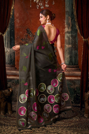 Black Floral Woven Cotton Saree (ACB1379)