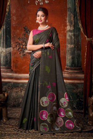 Black Floral Woven Cotton Saree (ACB1379)
