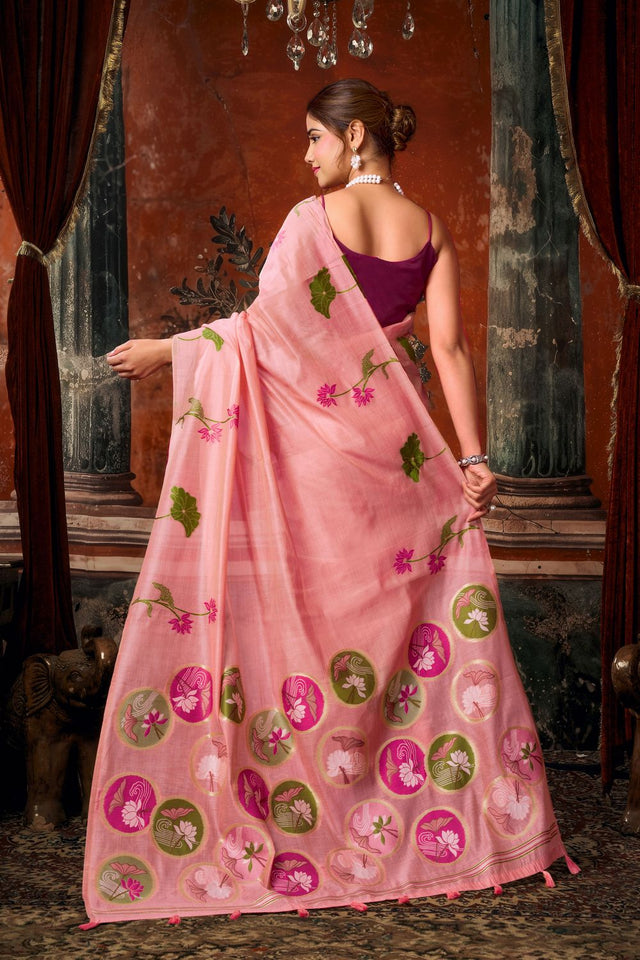Pink Floral Woven Cotton Saree (ACB1380)